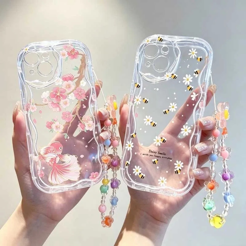 Cute Cartoon Wrist Strap Silicone Case - Étui avec dragonne motif abeille souriante